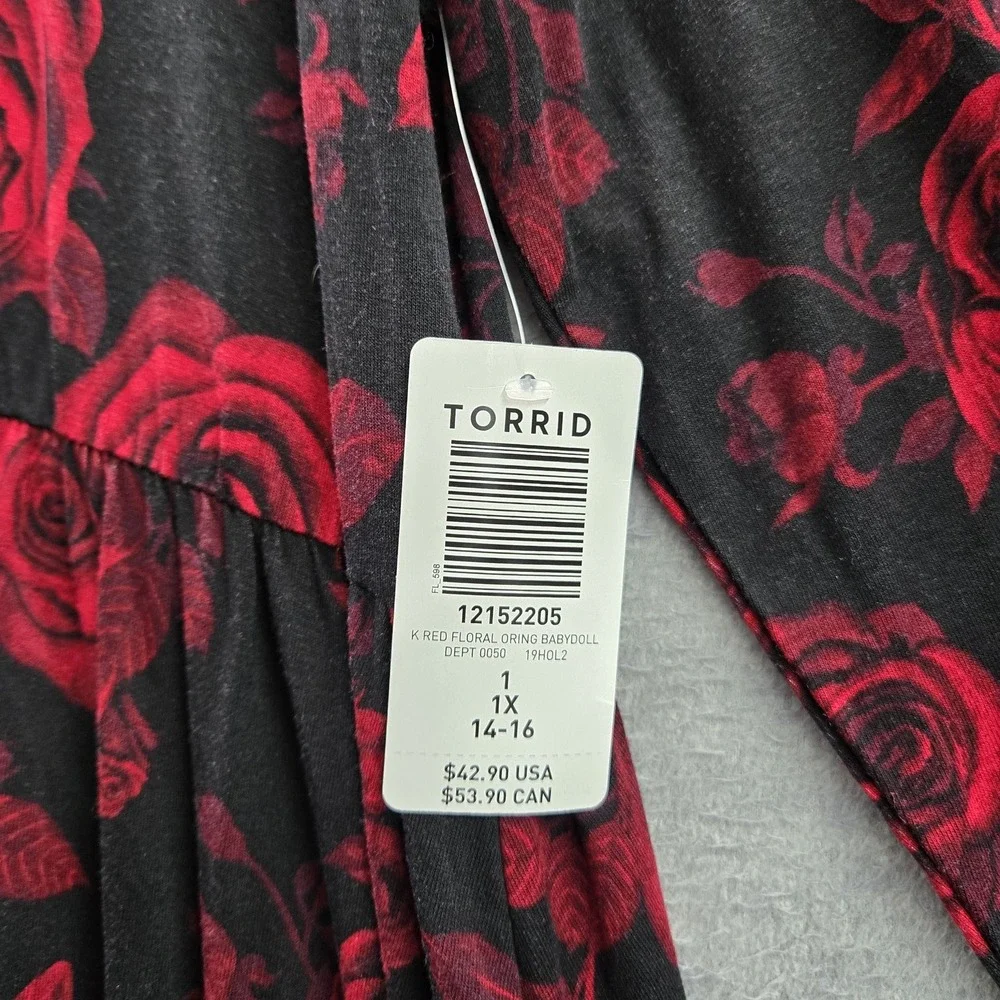 Torrid‎ Women Blouse 1X (14-16) Black Floral Babydoll Romantic NWT